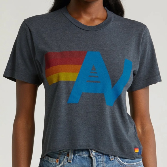 Aviator Nation Logo Boyfrined Tee Size L Charcoal Rainbow Blue Logo Cotton - Picture 3 of 4